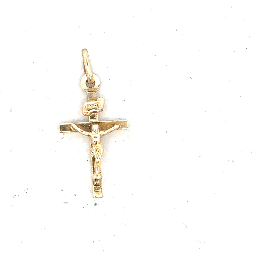 9ct yellow gold cross pendant weighing 1.3g, featuring a simple design with a polished finish, perfect for necklaces.