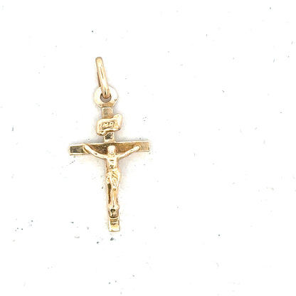 9ct yellow gold cross pendant weighing 1.3g, featuring a simple design with a polished finish, perfect for necklaces.