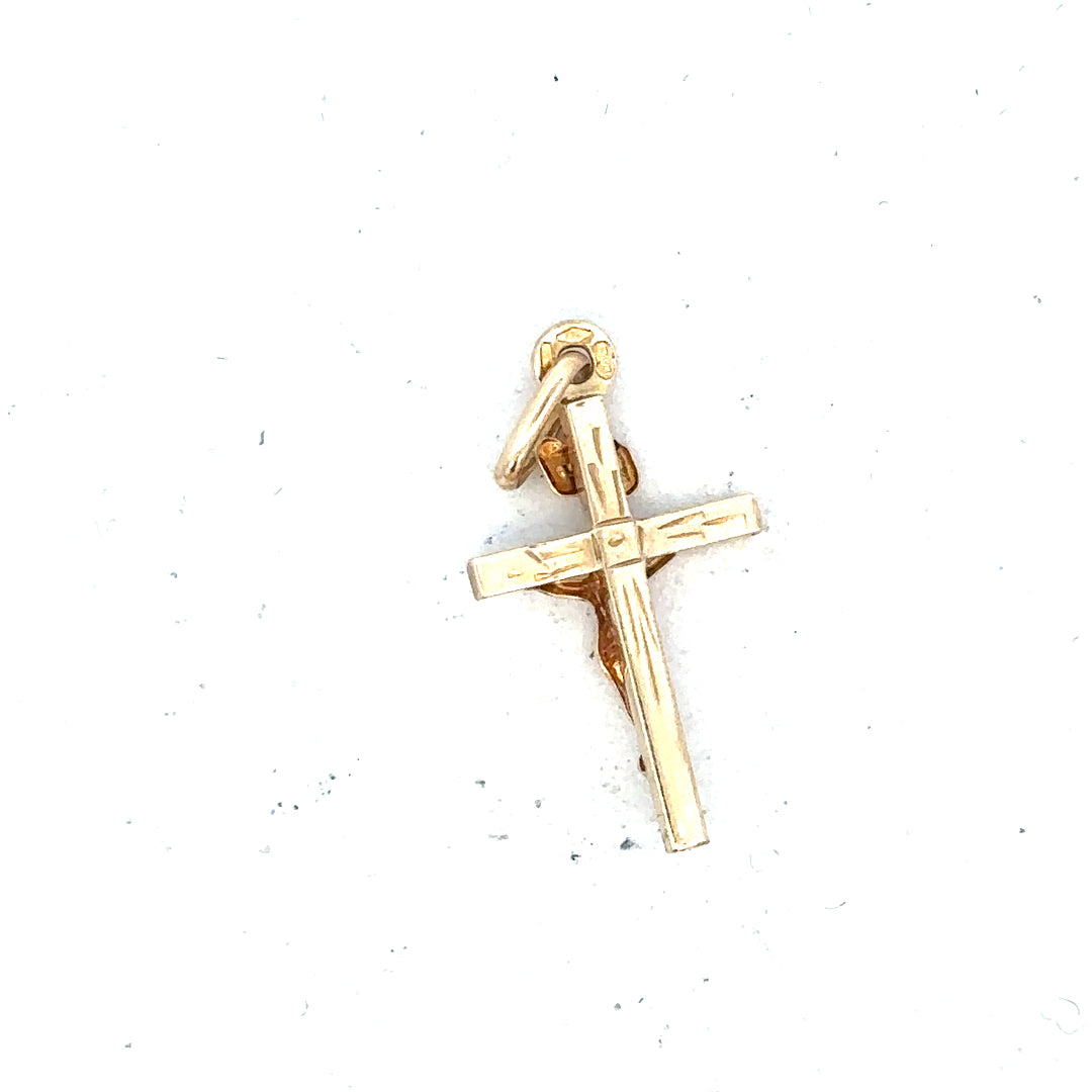 9ct yellow gold cross pendant weighing 1.3g, unbranded, with detailed design visible in the image