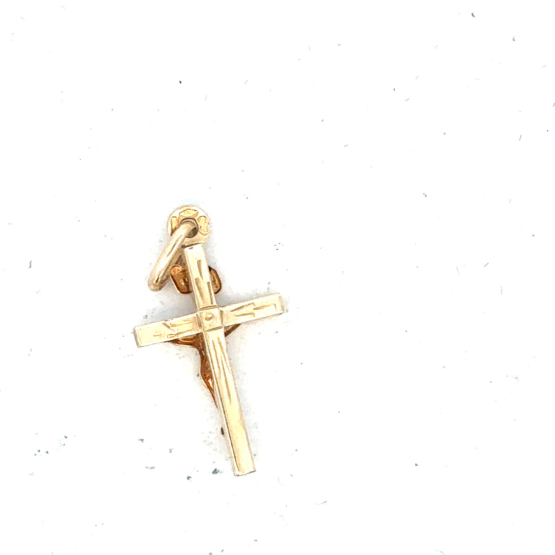 9ct yellow gold cross pendant with a delicate design, weighing 1.3g, featuring a classic religious symbol and polished finish.