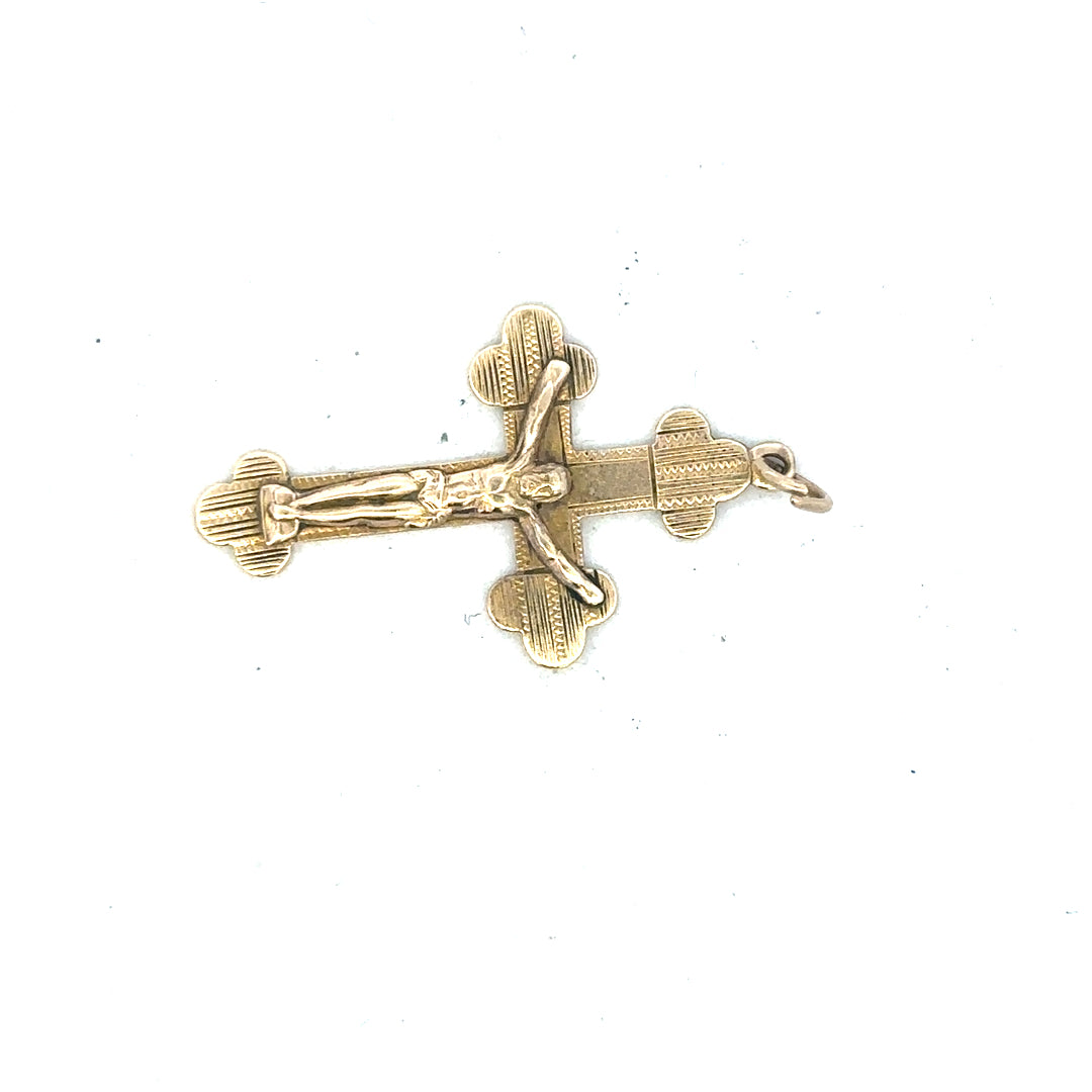 9ct yellow gold cross pendant weighing 2.7g, featuring a classic design, displayed on a neutral background.