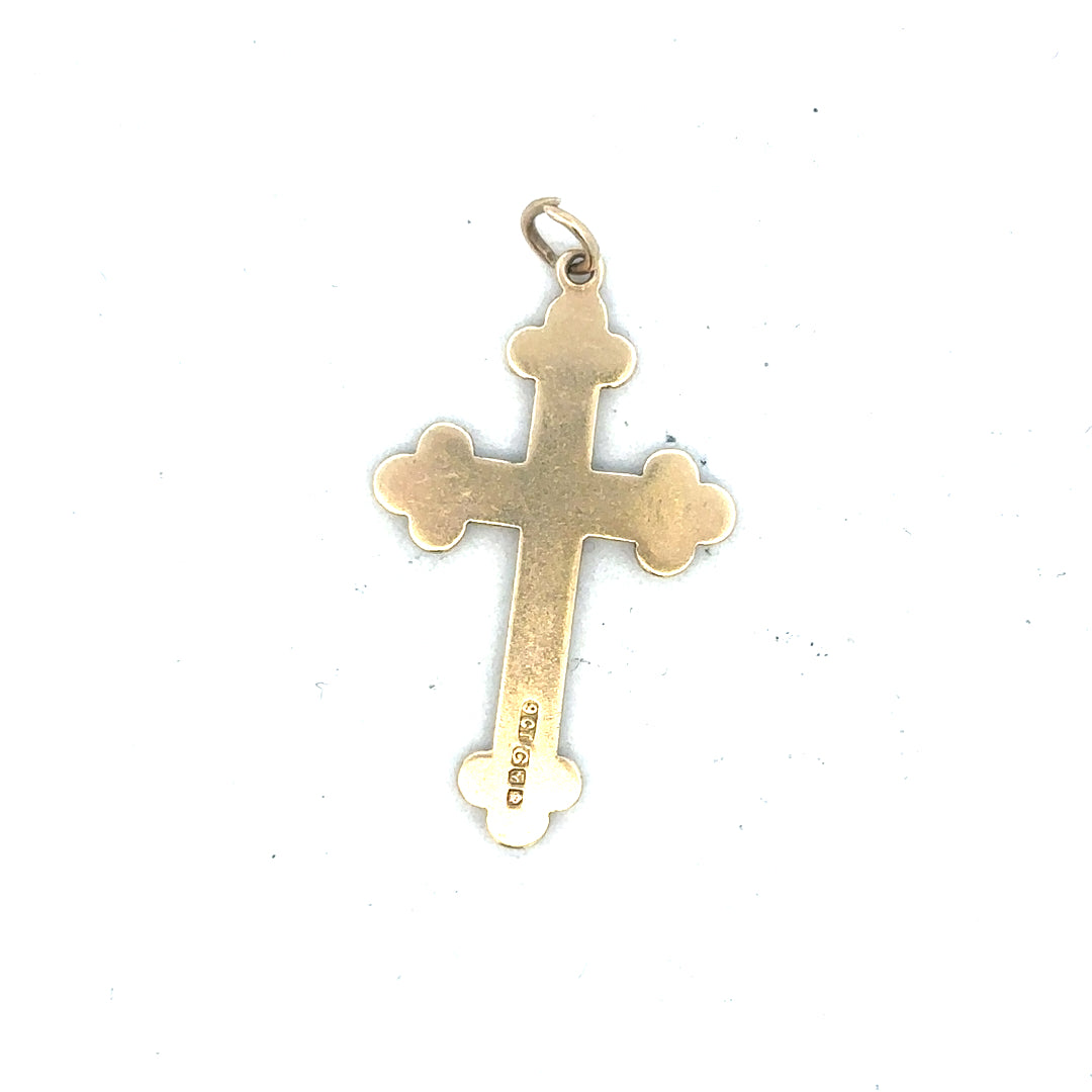 9ct yellow gold cross pendant weighing 2.7g, featuring a simple design, ideal for necklaces or religious jewelry.