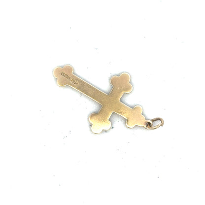 9ct yellow gold cross pendant weighing 2.7g, featuring a simple design, perfect for necklaces or religious jewelry.