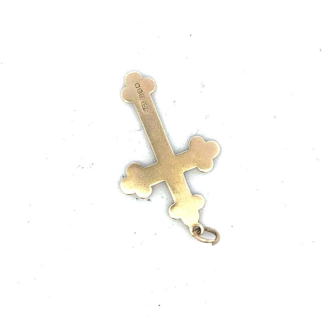 9ct yellow gold cross pendant weighing 2.7g, unbranded jewelry, detailed gold cross necklace shown in the image.