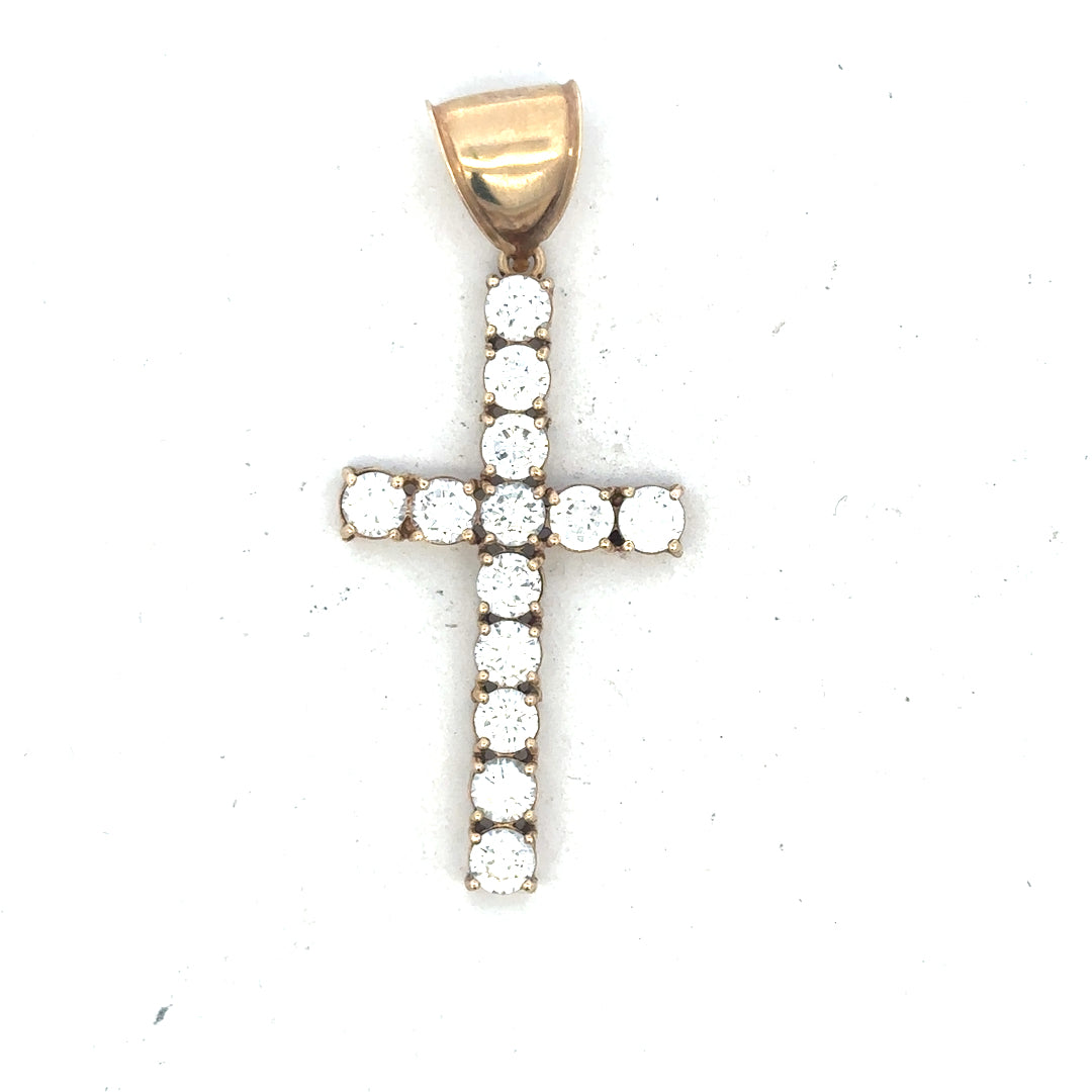 9ct yellow gold cross pendant weighing 5.1g, unbranded, with detailed religious design and polished finish.