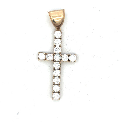 9ct yellow gold cross pendant weighing 5.1g, unbranded, with detailed religious design and polished finish.