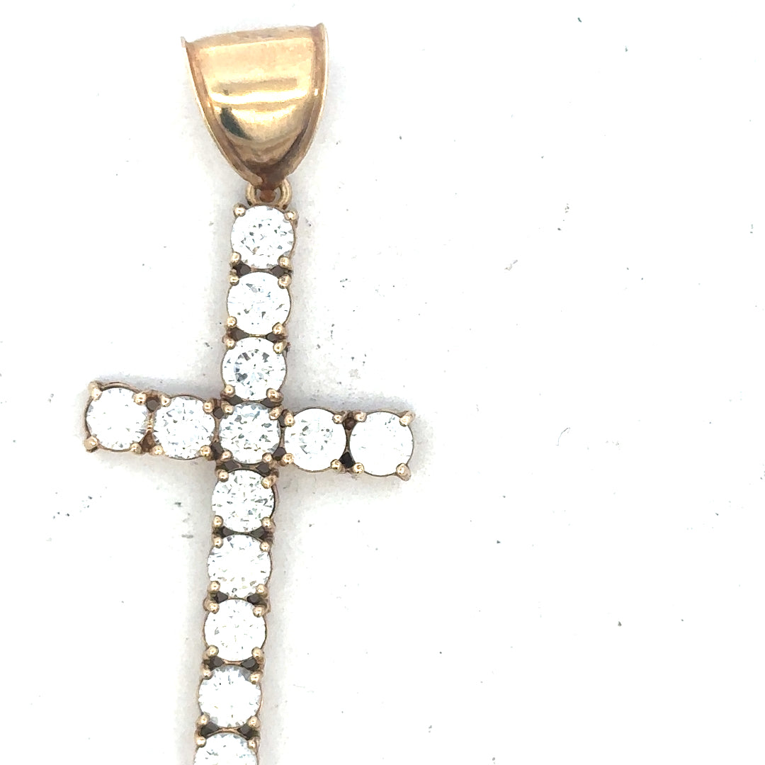 9ct yellow gold cross pendant weighing 5.1g, unbranded jewelry with detailed design, shown on a neutral background.