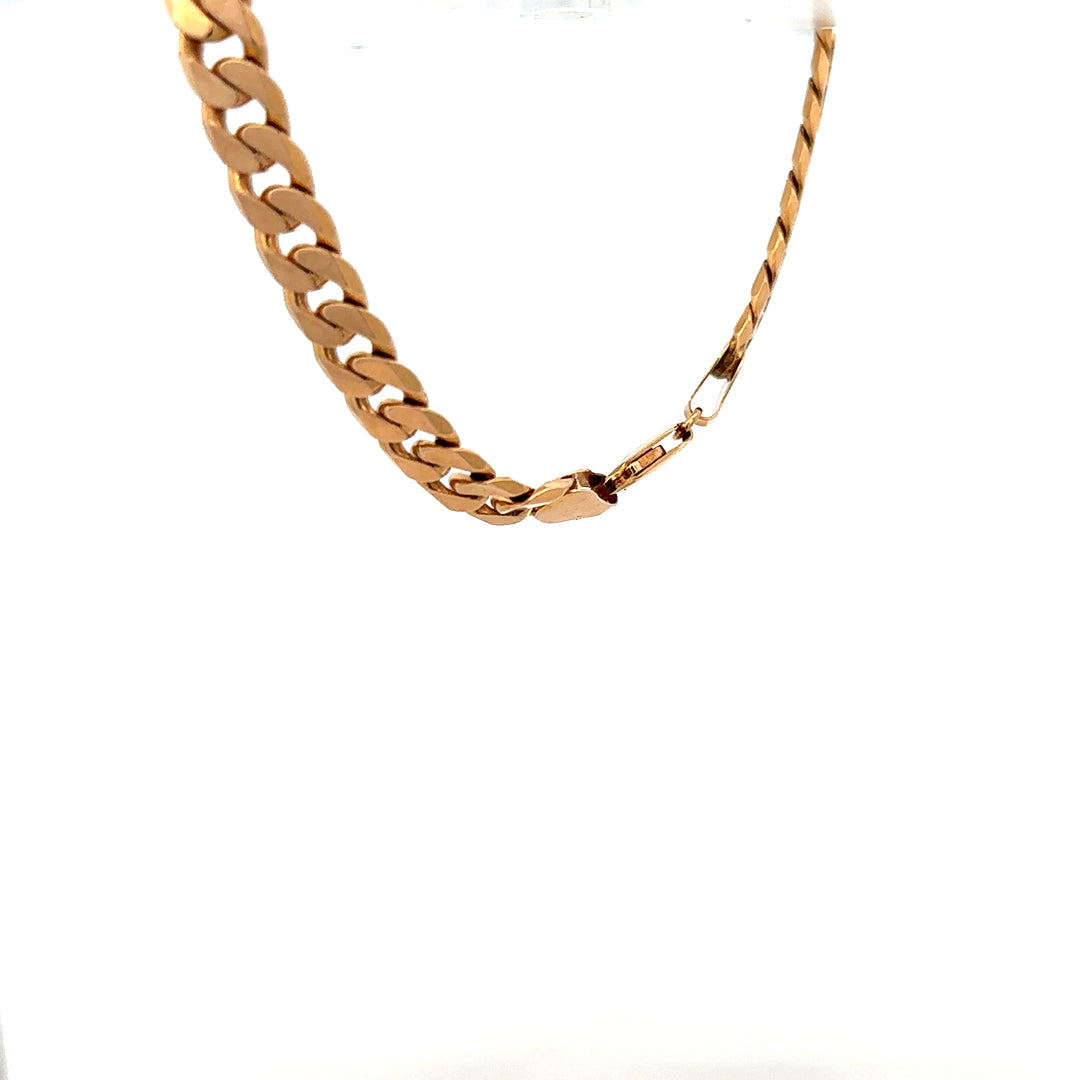 9ct yellow gold curb bracelet weighing 17.1g, featuring linked chain design and secure clasp on a neutral background.