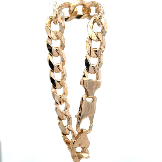 9ct yellow gold curb bracelet with a 47.5g weight, featuring classic linked design, unbranded, shown in close-up.