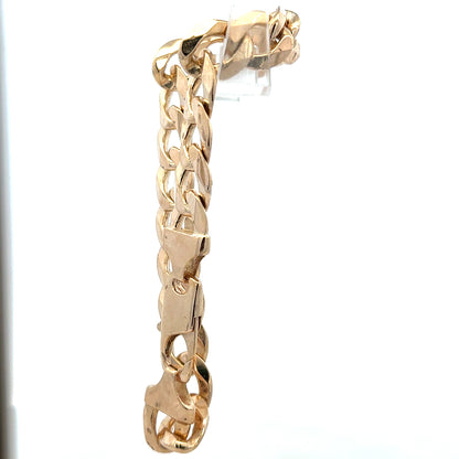 9ct yellow gold curb bracelet weighing 47.5g, unbranded, with a classic chain link design, shown in a close-up image.
