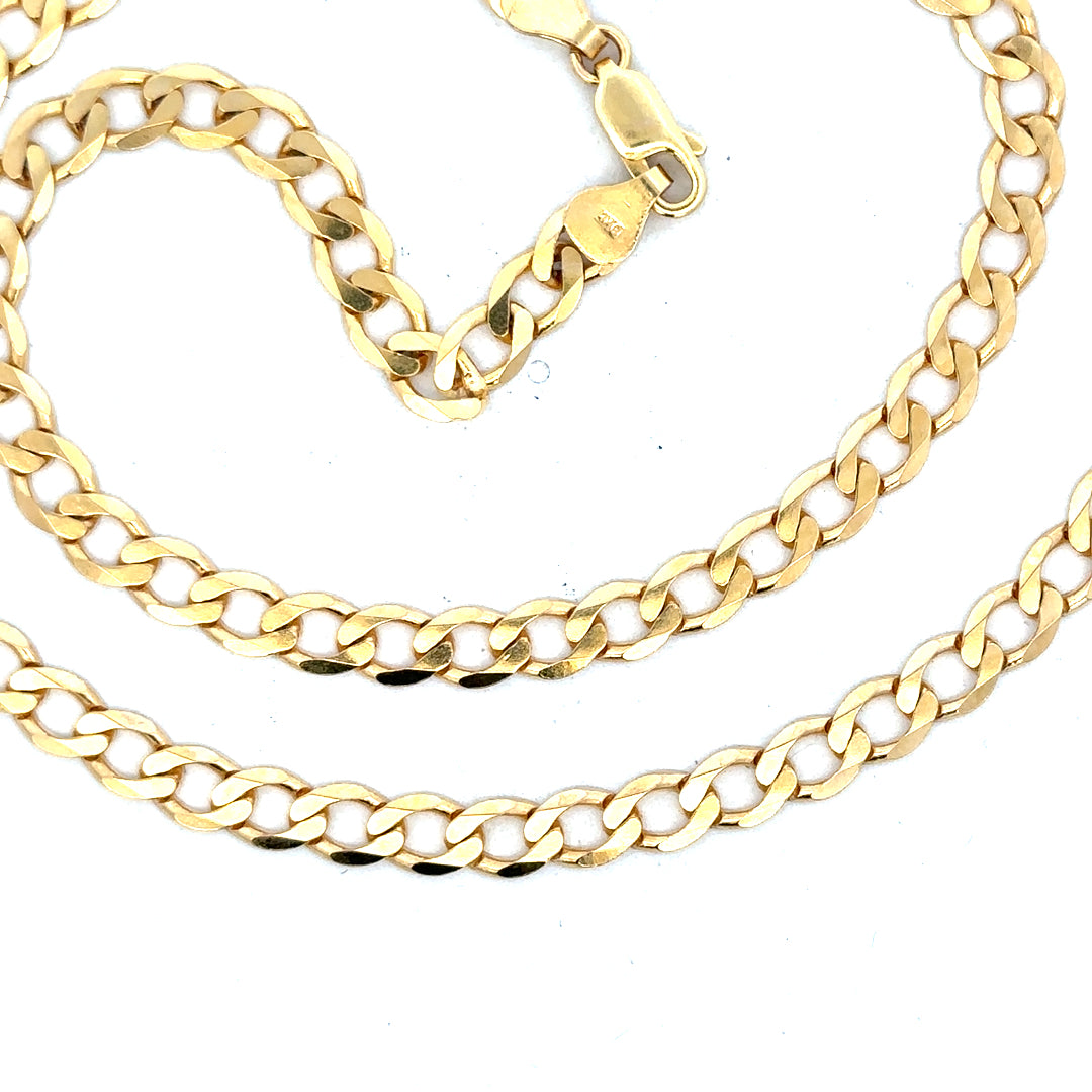 9ct yellow gold curb chain weighing 14.7g, unbranded jewelry with a classic link design and polished finish.