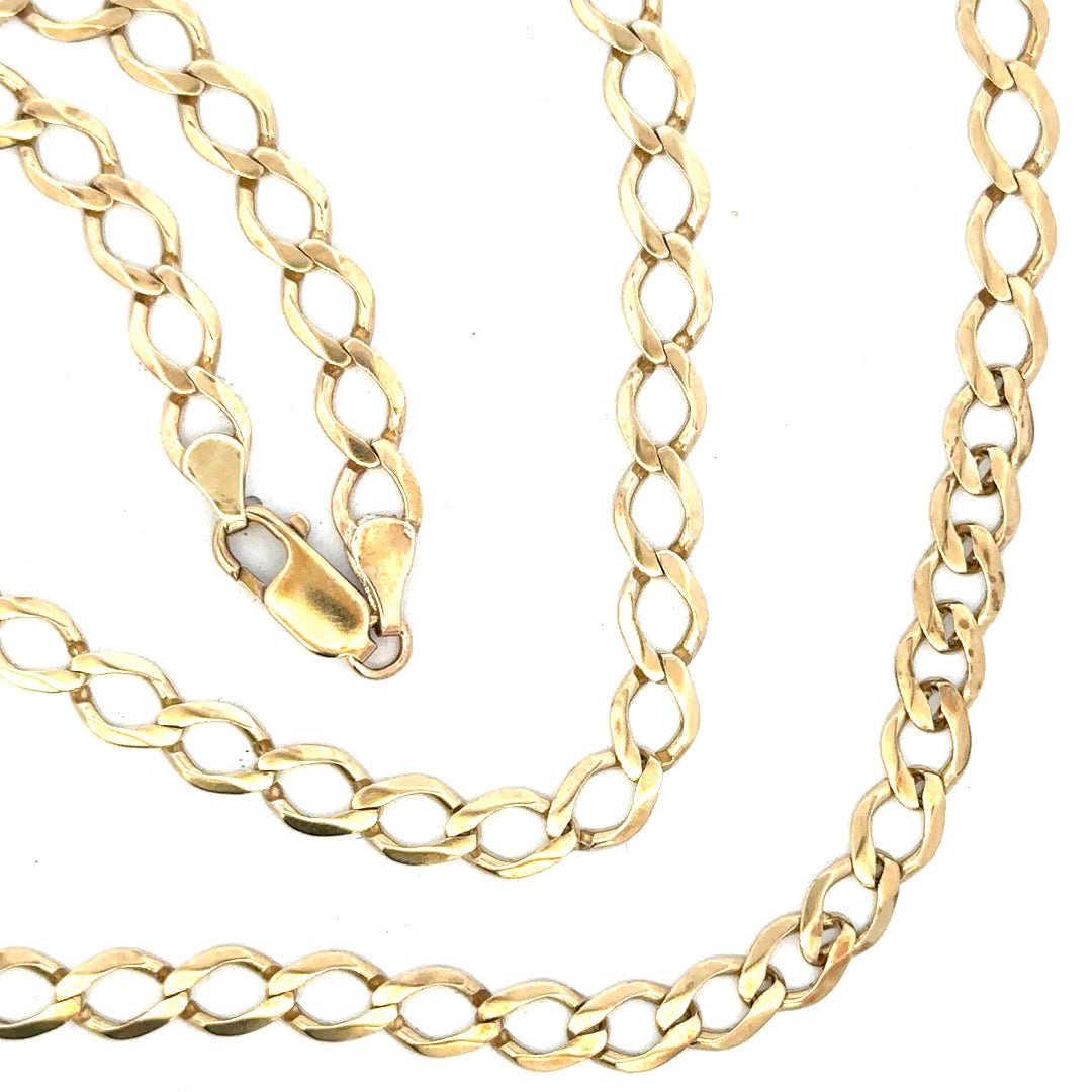 9ct yellow gold curb chain, unbranded, with a weight of 16.3 grams, shown with detailed close-up of links and shine.