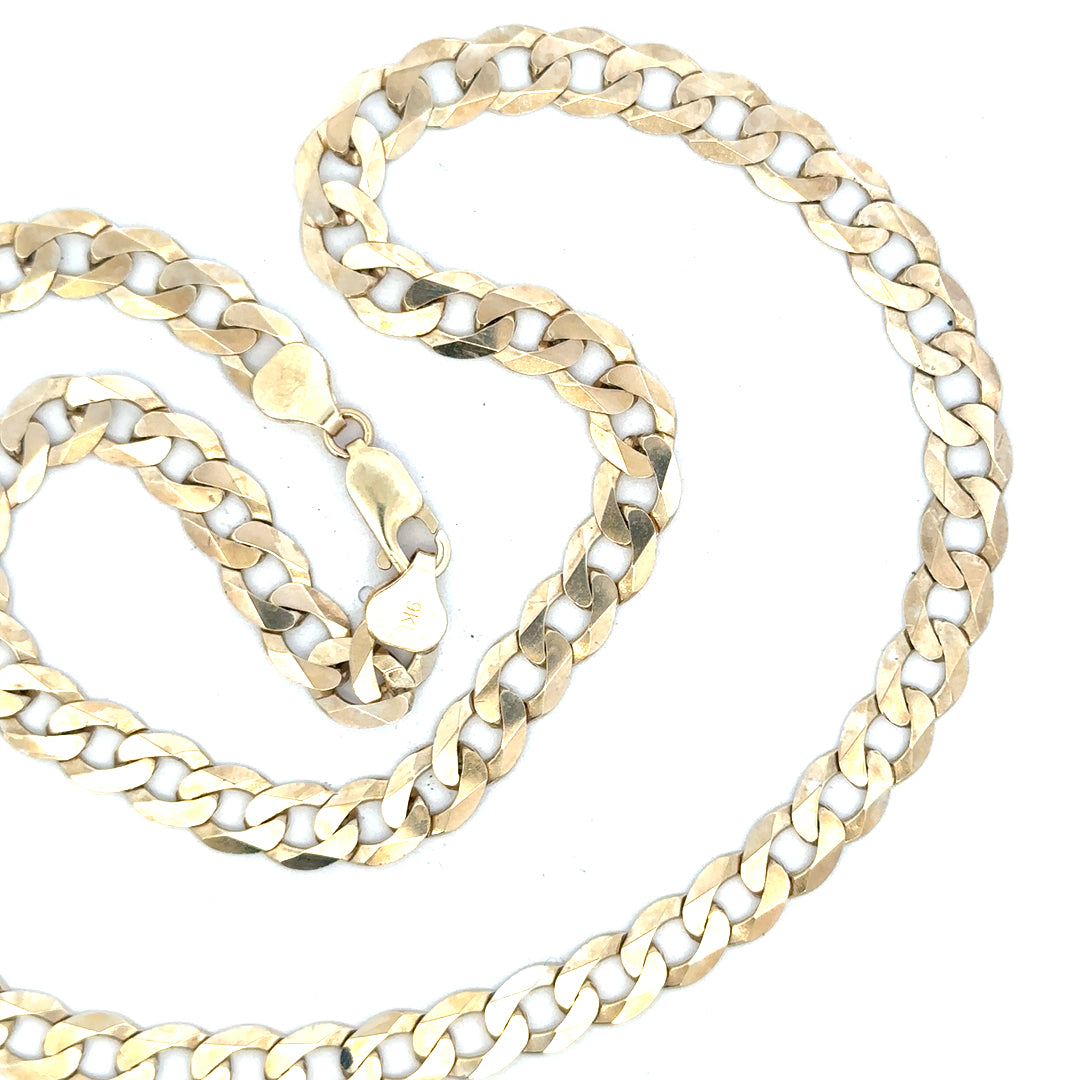 9ct yellow gold curb chain weighing 25.8g, close-up of the unbranded jewelry showing detailed links and polished finish.