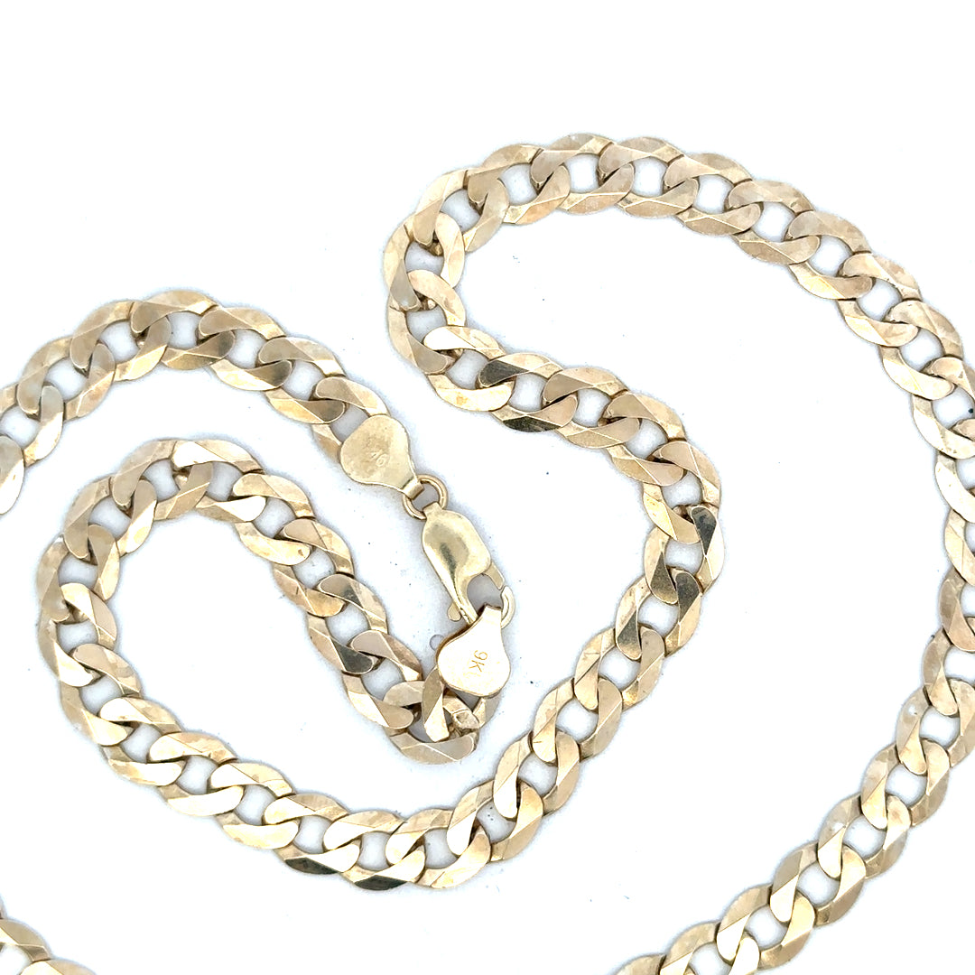 9ct yellow gold curb chain weighing 25.8g, unbranded, with a detailed close-up of the textured links.