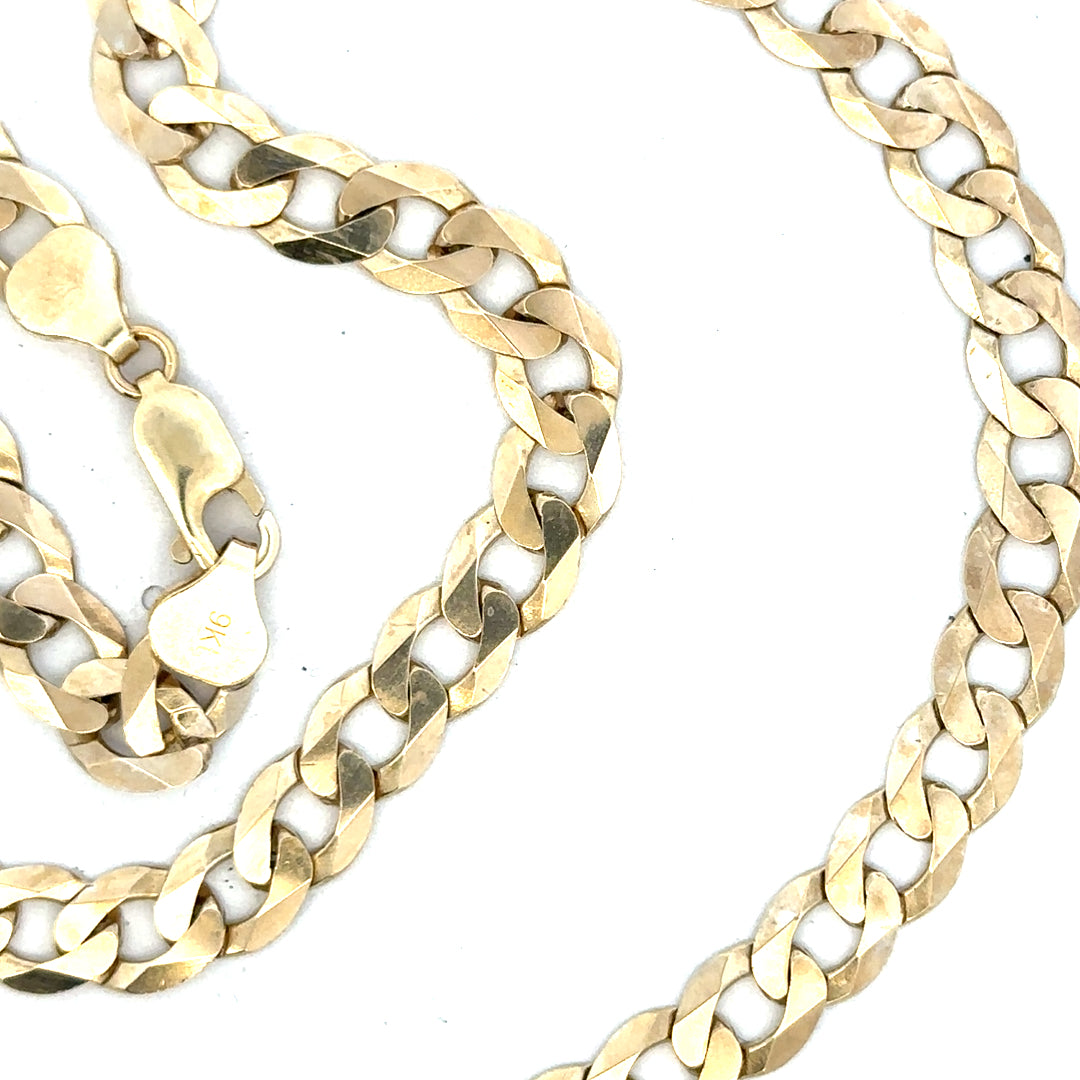 9ct yellow gold curb chain weighing 25.8g, featuring classic linked design and polished finish.