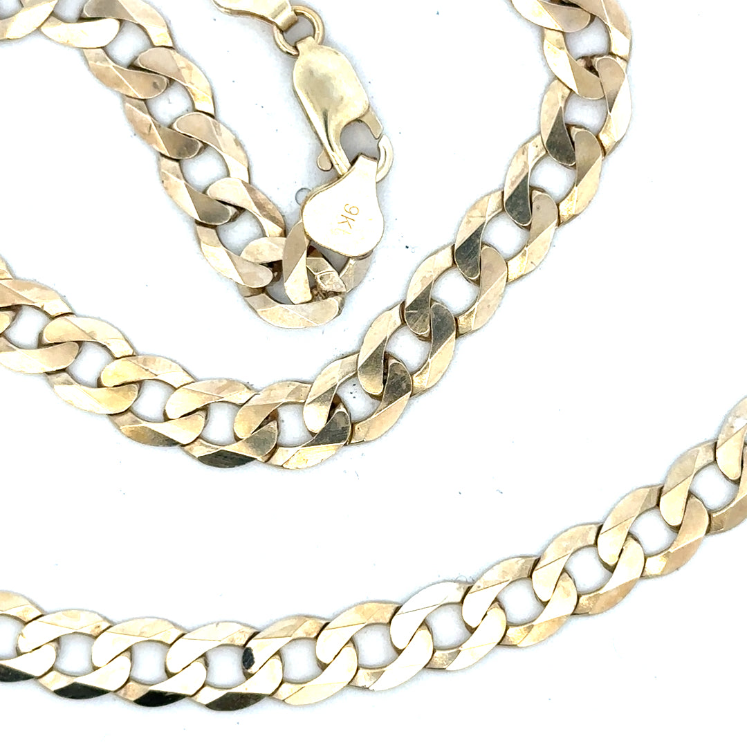 9ct yellow gold curb chain weighing 25.8g, unbranded jewelry with a classic link design visible in the image.