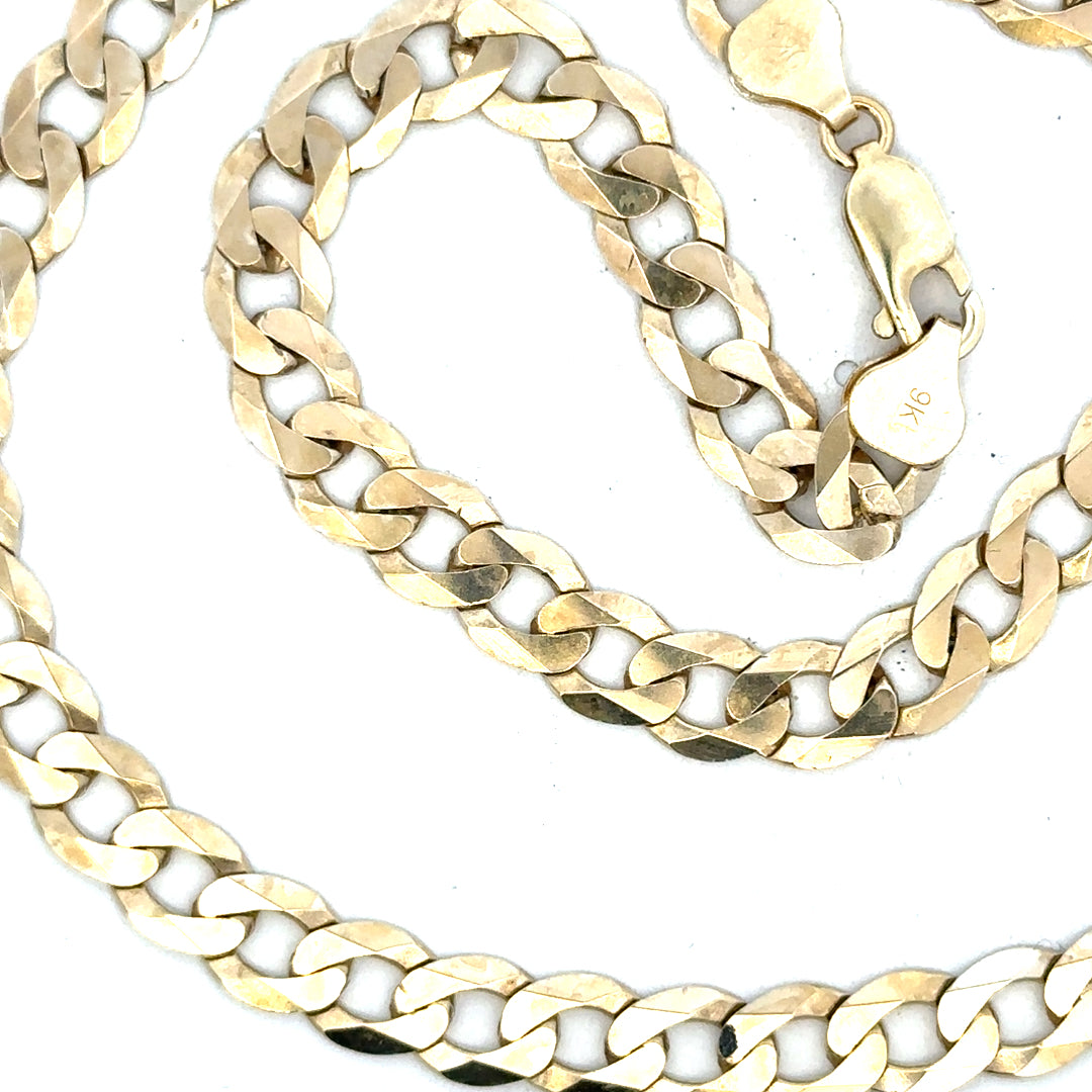 9ct yellow gold curb chain weighing 25.8g, featuring a classic linked design, unbranded jewelry accessory.