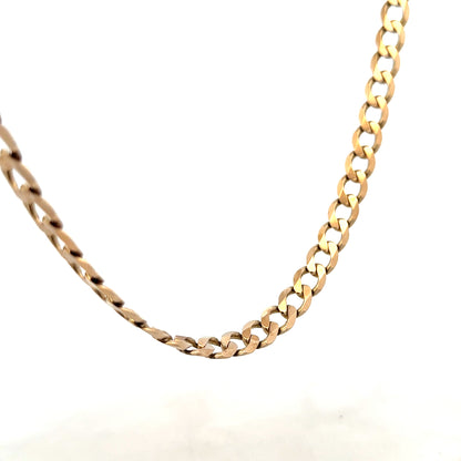 9ct yellow gold curb chain weighing 38.8g, showcasing a classic link design with a polished finish.