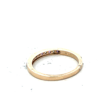 9ct yellow gold ring with diamond and amethyst, size N, featuring intricate design and vibrant gemstone accents.