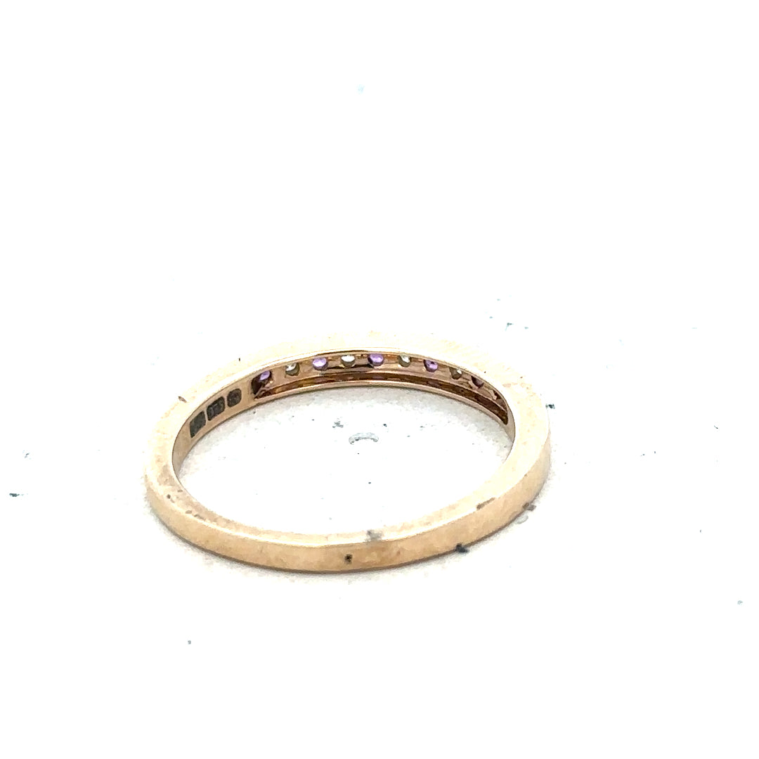 9ct yellow gold ring with diamond and amethyst gemstones, size N, featuring a detailed design and vibrant purple and clear stones.