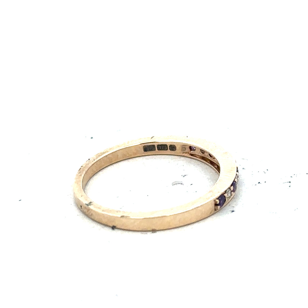 9ct yellow gold ring with diamond and amethyst gemstones, size N, featuring a detailed design and polished finish.