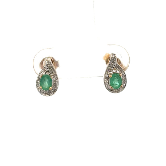 9ct yellow gold diamond and emerald earrings, featuring sparkling diamonds and vibrant emeralds in a stylish design.