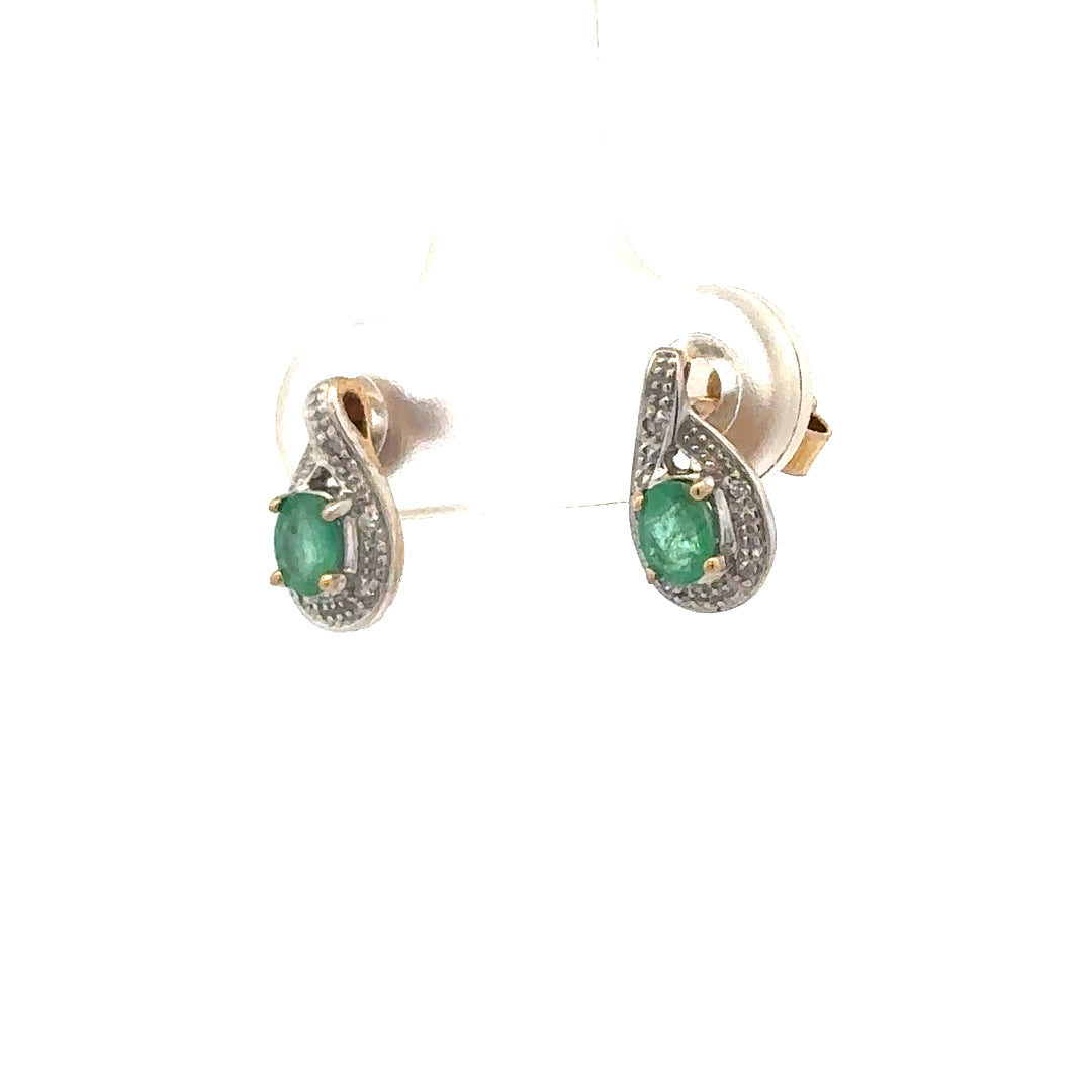 9ct yellow gold diamond and emerald earrings with sparkling stones, weighing 1.2g, featuring elegant design and vibrant gemstone accents.