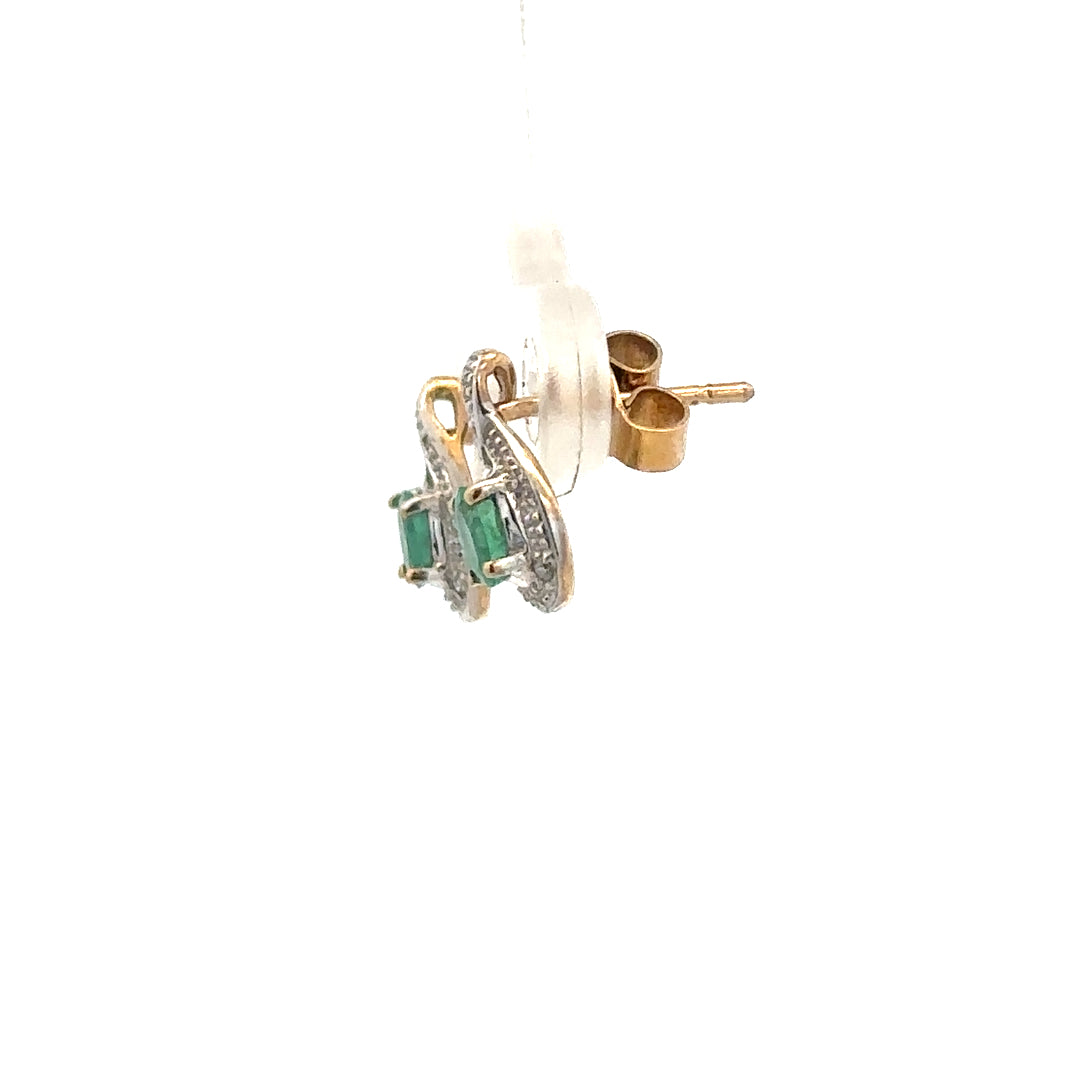 9ct yellow gold earrings with sparkling diamonds and vibrant emeralds, weighing 1.2g, elegant jewelry accessory.
