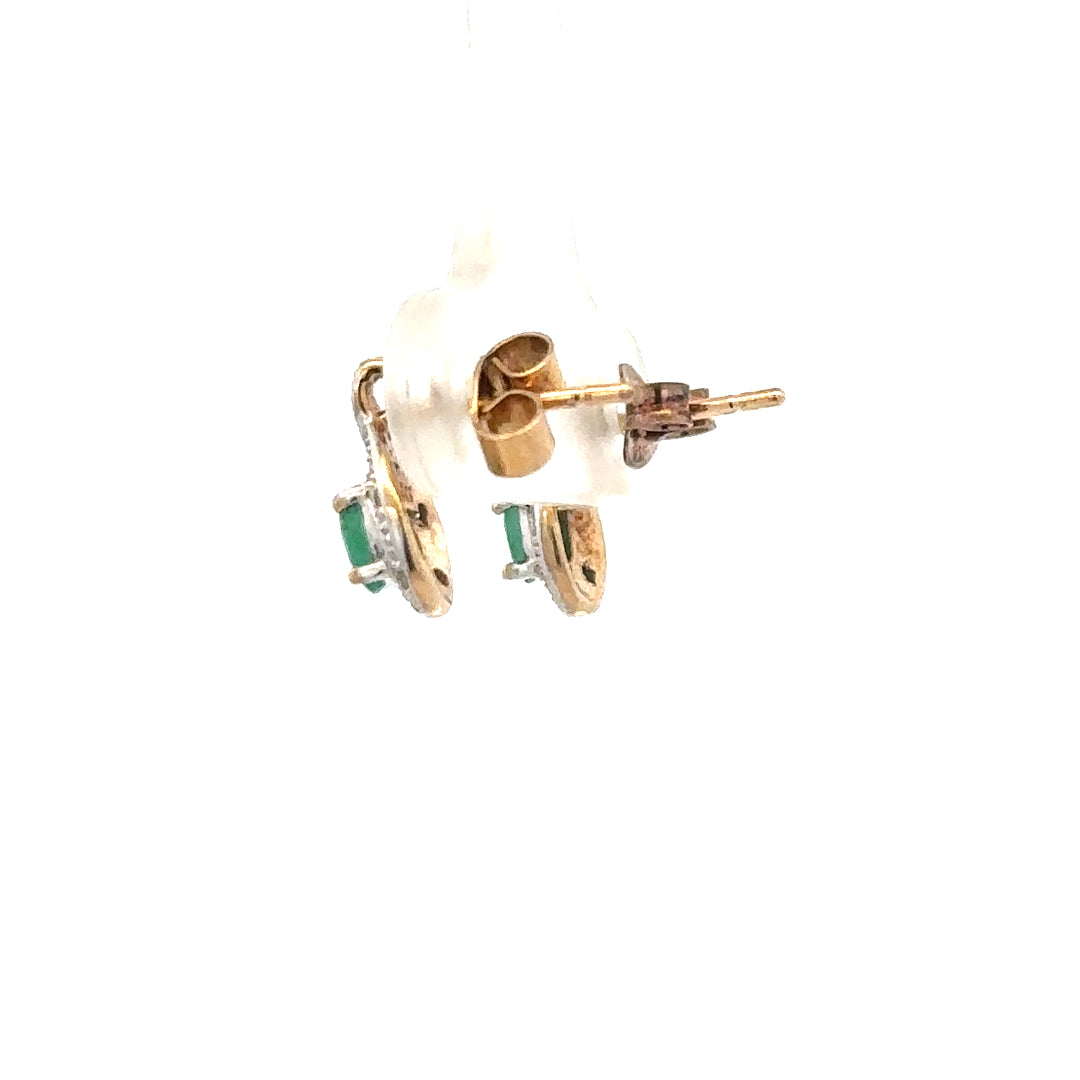 9ct yellow gold diamond and emerald earrings with 1.2g weight, featuring sparkling diamonds and vibrant emeralds.