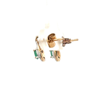 9ct yellow gold diamond and emerald earrings with 1.2g weight, featuring sparkling diamonds and vibrant emeralds.