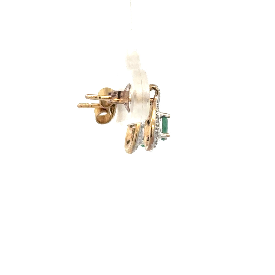9ct yellow gold diamond and emerald earrings featuring sparkling diamonds and vibrant emeralds, weighing 1.2g.