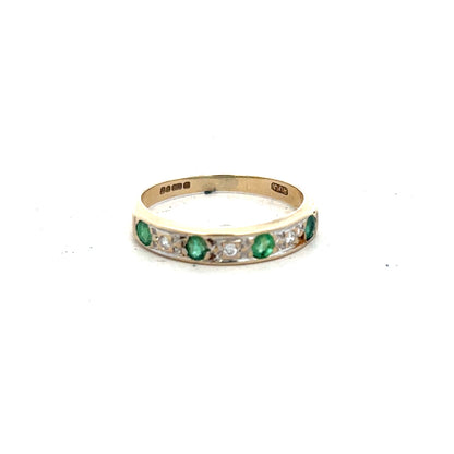 9ct yellow gold ring with diamond and emerald gemstones, size K, featuring intricate design and sparkling details.