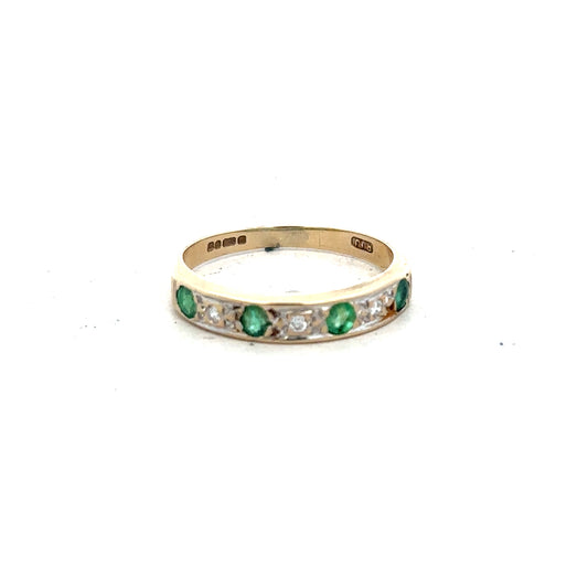 9ct yellow gold ring with diamond and emerald gemstones, size K, featuring intricate design and sparkling details.