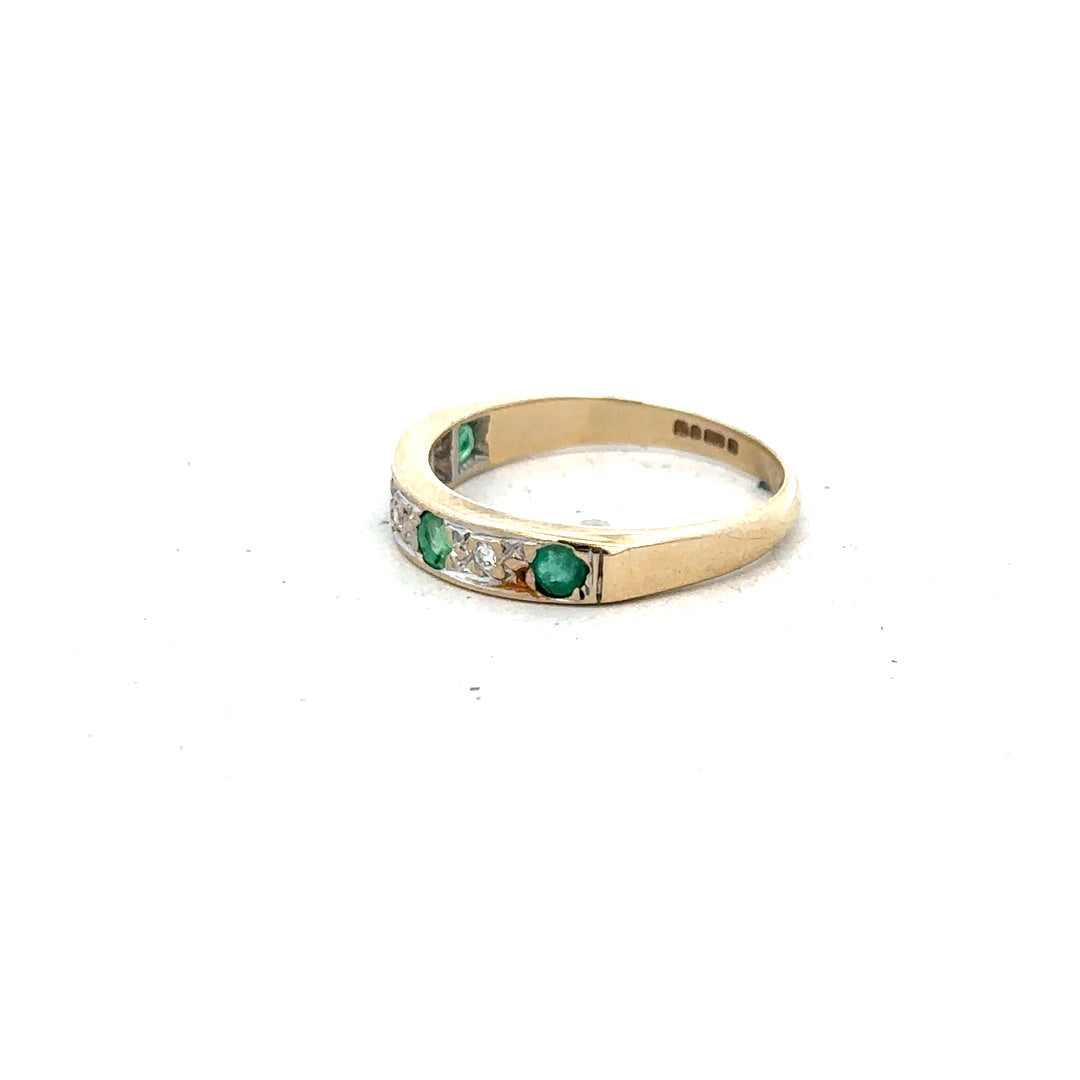 9ct yellow gold ring with diamond and emerald gemstones, size K, featuring intricate design and sparkling stone details.