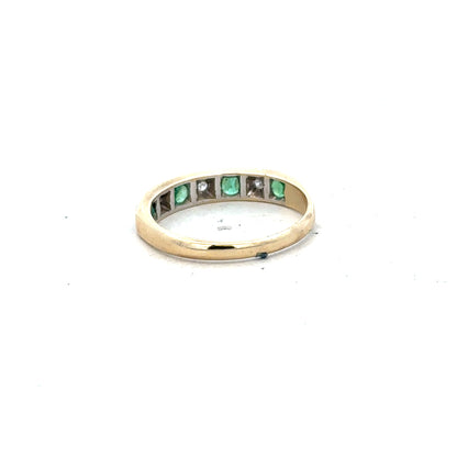 9ct yellow gold ring with diamond and emerald gemstones, size K, featuring an elegant design and polished finish.
