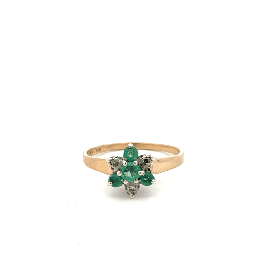 9ct yellow gold ring with diamond and emerald gemstones, size O, unbranded jewelry accessory.
