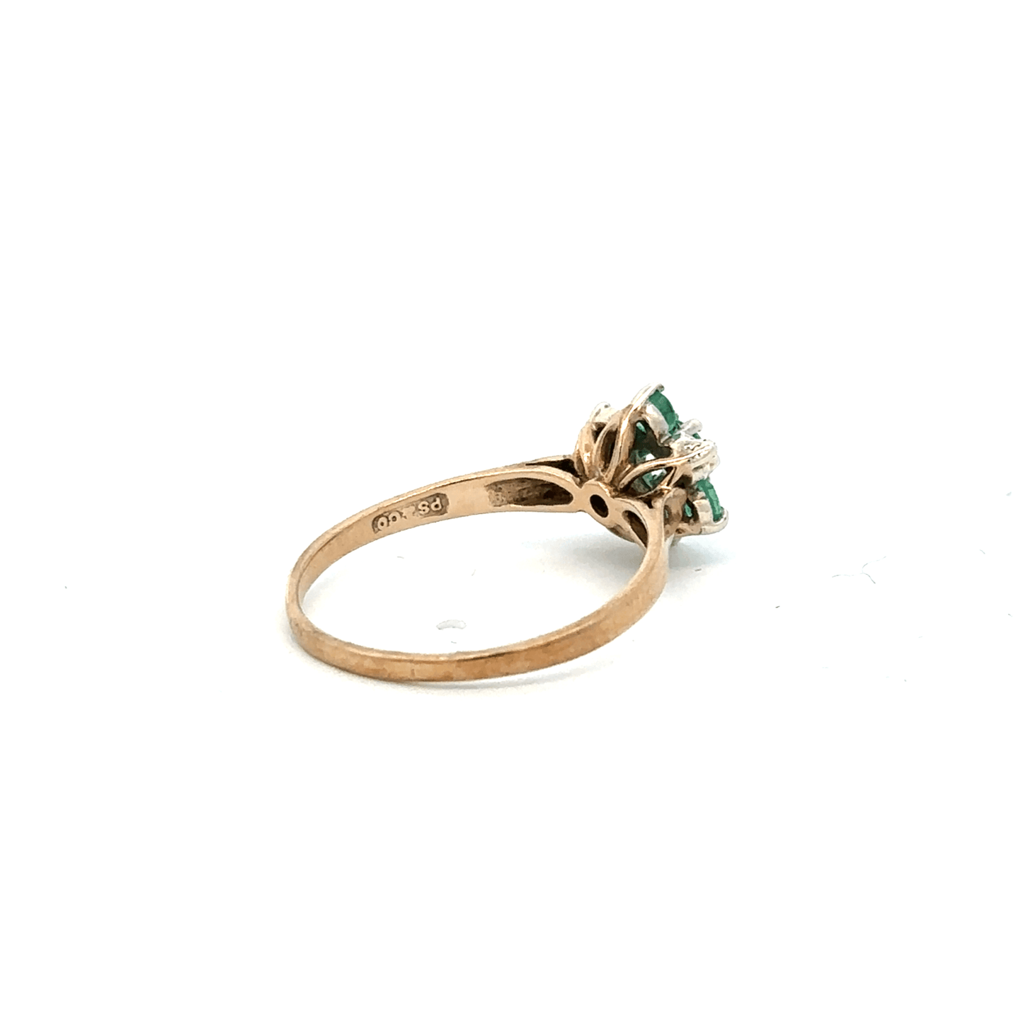 9ct yellow gold diamond and emerald ring in size O, featuring a detailed design with sparkling gemstones.