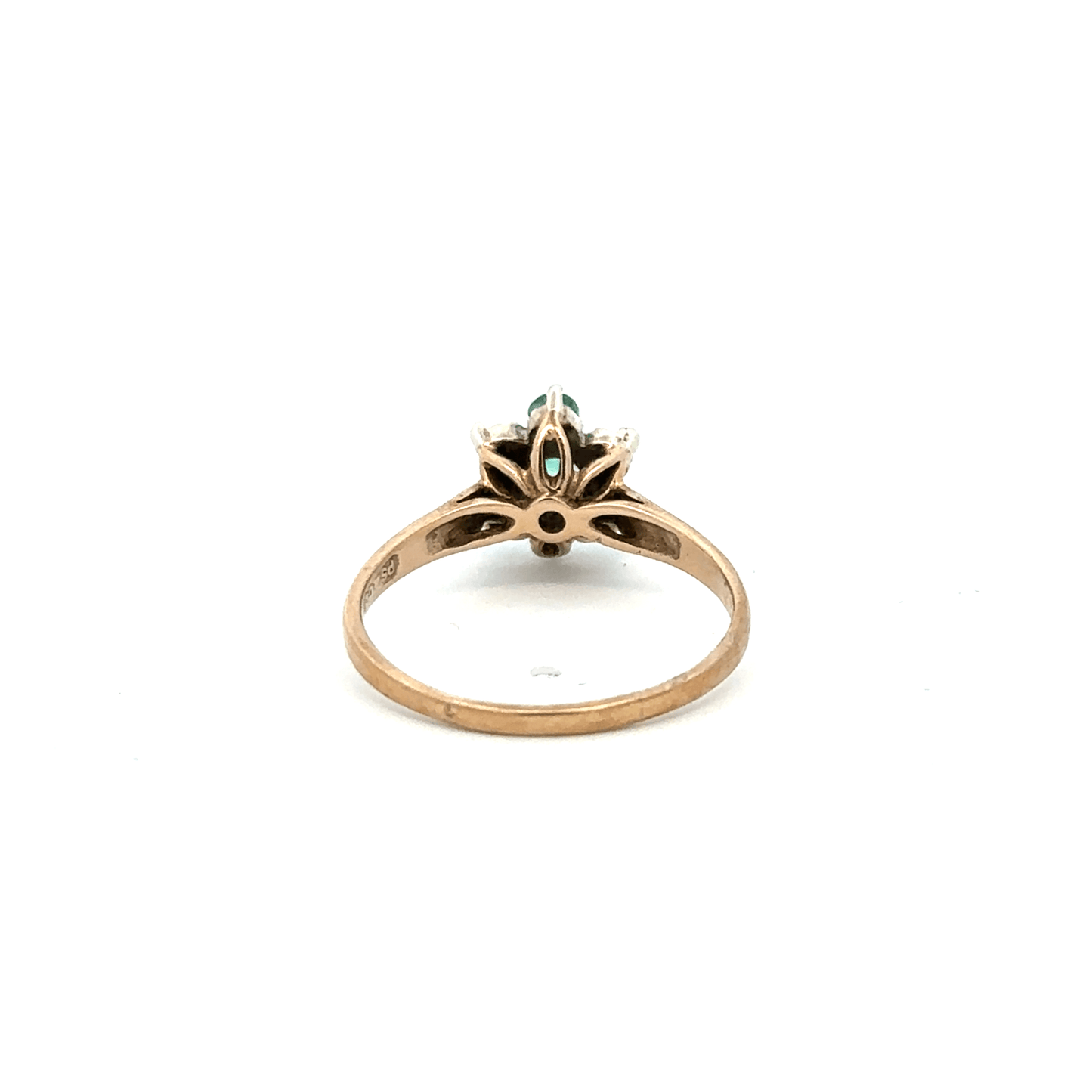 9ct yellow gold ring with diamonds and emeralds, size O, featuring intricate gemstone details and a polished gold band.