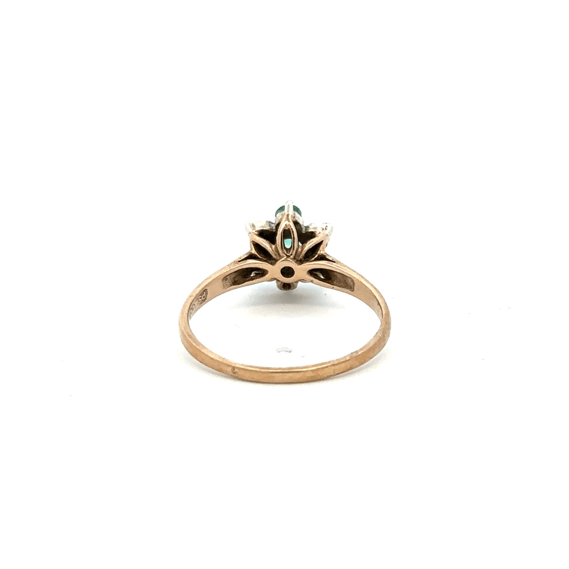 9ct yellow gold ring with diamonds and emeralds, size O, featuring intricate gemstone details and a polished gold band.