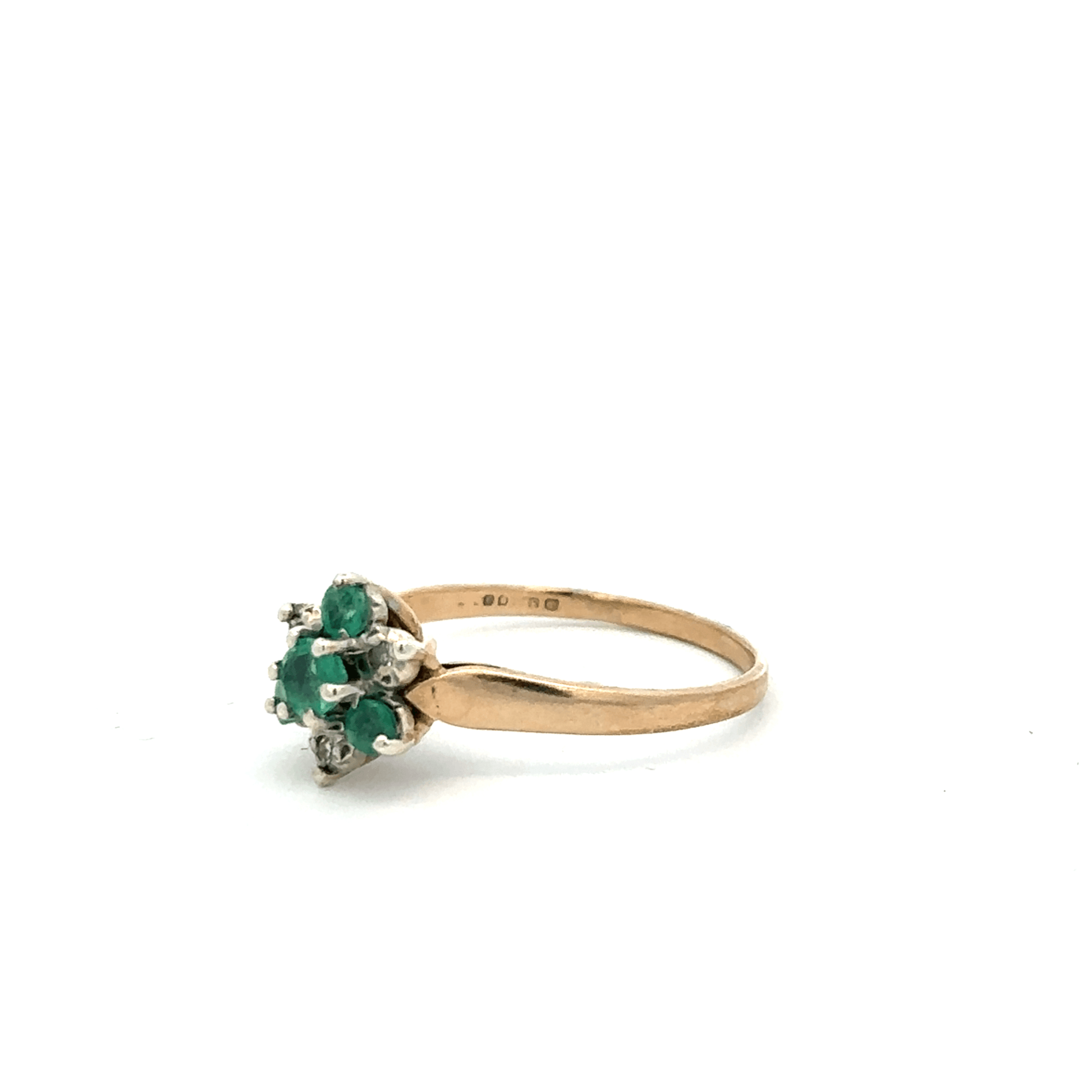 9ct yellow gold diamond and emerald ring in size O, featuring a detailed design with sparkling gemstones.