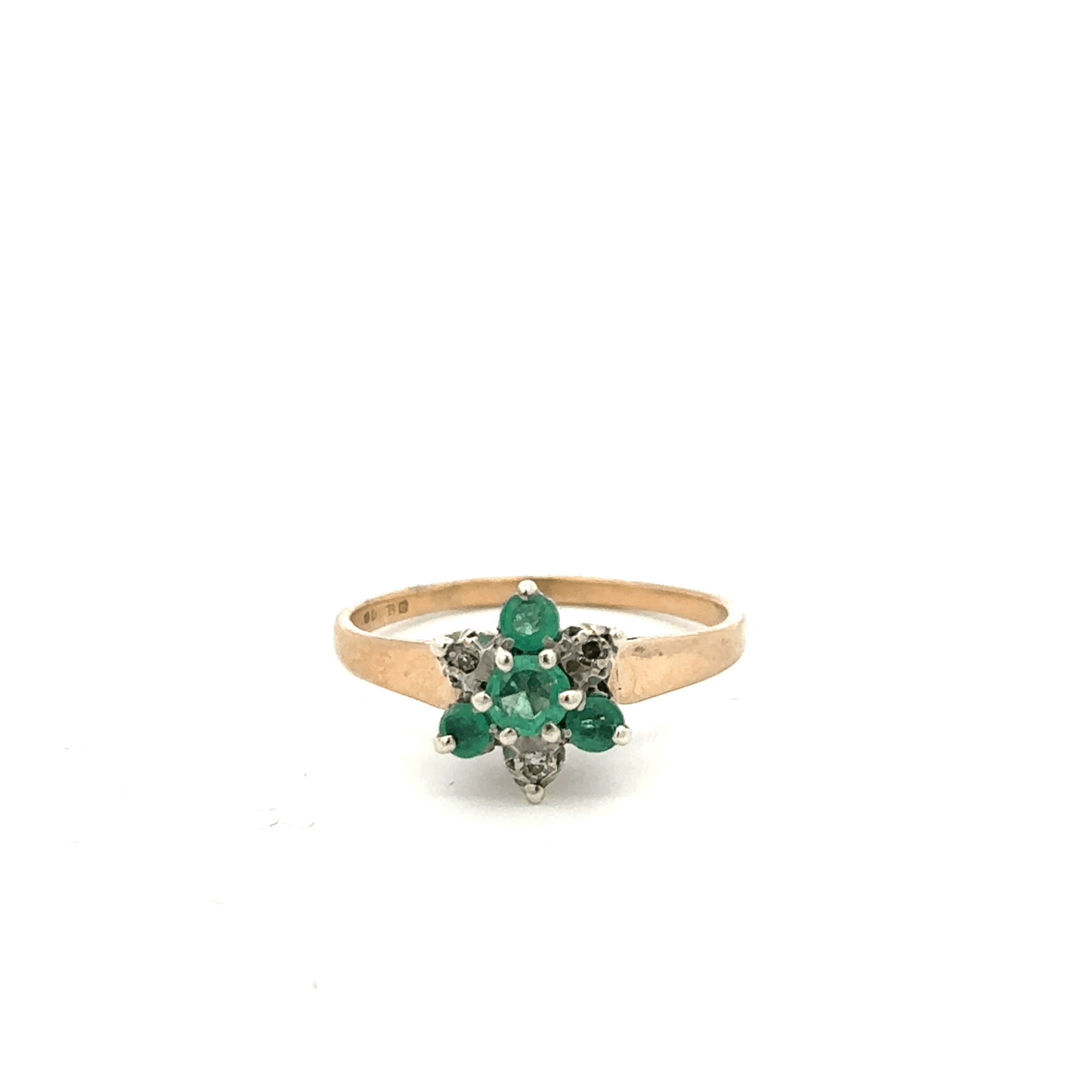 9ct yellow gold diamond and emerald ring in size O, featuring a detailed design with sparkling gemstones.