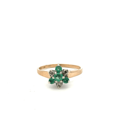 9ct yellow gold diamond and emerald ring in size O, featuring a detailed design with sparkling gemstones.
