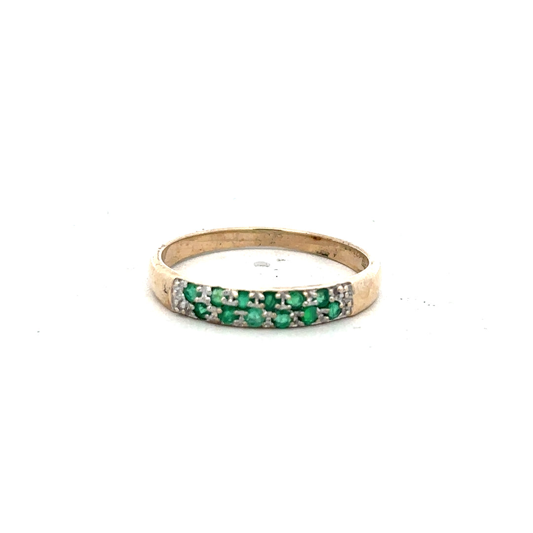 9ct yellow gold ring with diamond and emerald gemstones, size P, featuring intricate design and sparkling stones.