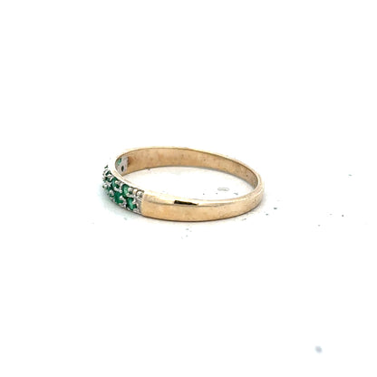 9ct yellow gold diamond and emerald ring in size P, featuring a detailed design with sparkling stones and intricate craftsmanship.