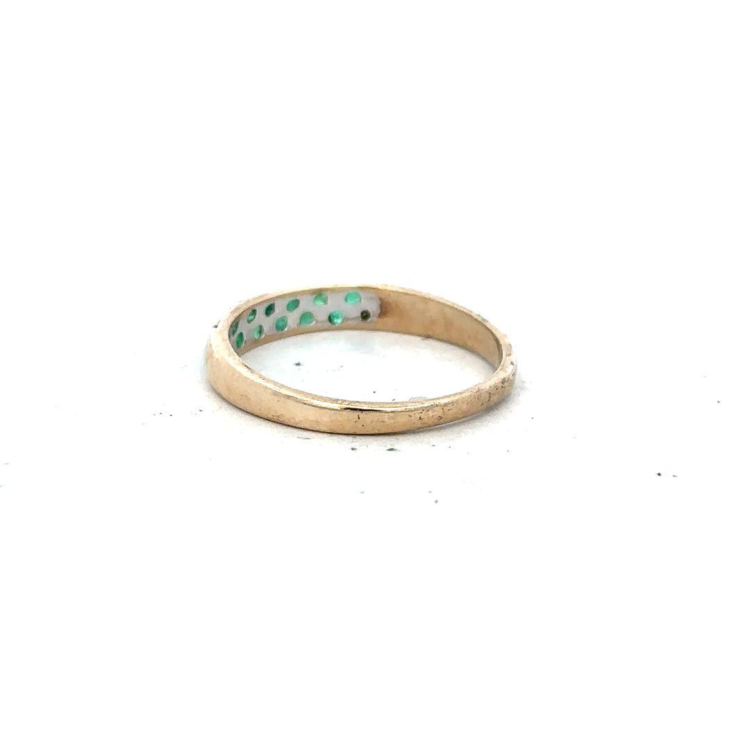 9ct yellow gold ring with diamond and emerald stones, size P, featuring elegant gemstone detailing.