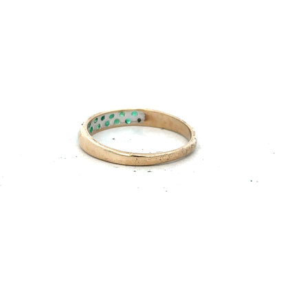 9ct yellow gold ring with diamond and emerald stones, size P, featuring elegant gemstone detailing.