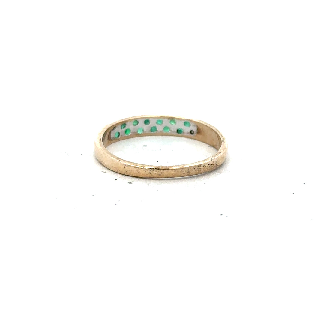 9ct yellow gold diamond and emerald ring in size P, featuring a detailed floral design with sparkling gemstones.