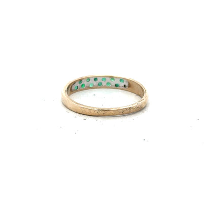 9ct yellow gold diamond and emerald ring in size P, featuring a detailed floral design with sparkling gemstones.