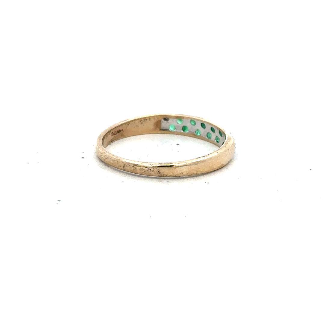 9ct yellow gold diamond and emerald ring in size P, featuring a detailed design with sparkling gemstones.
