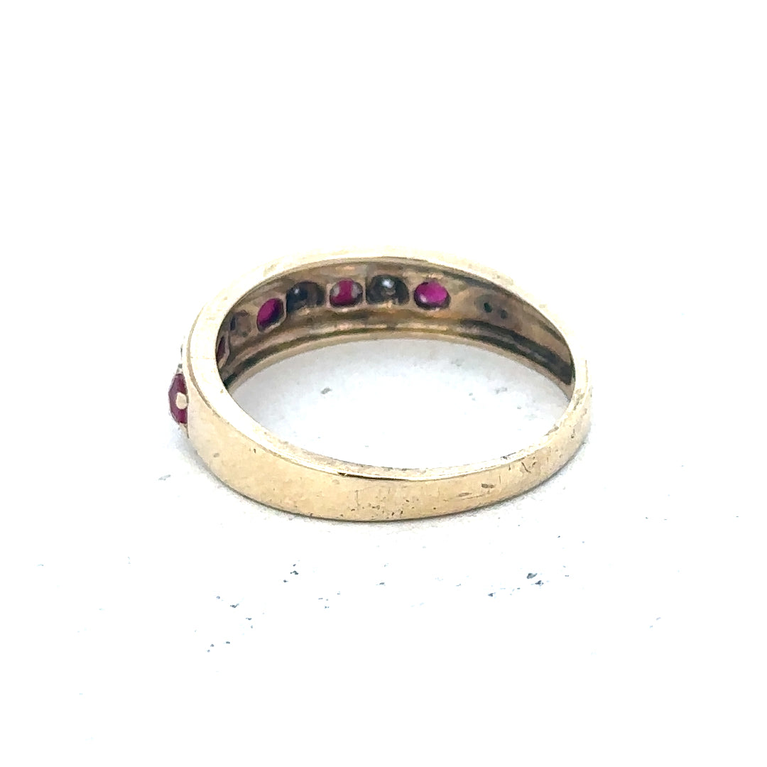 9ct yellow gold diamond and ruby ring in size M, featuring a delicate design and 2.3g weight, unbranded jewelry accessory.
